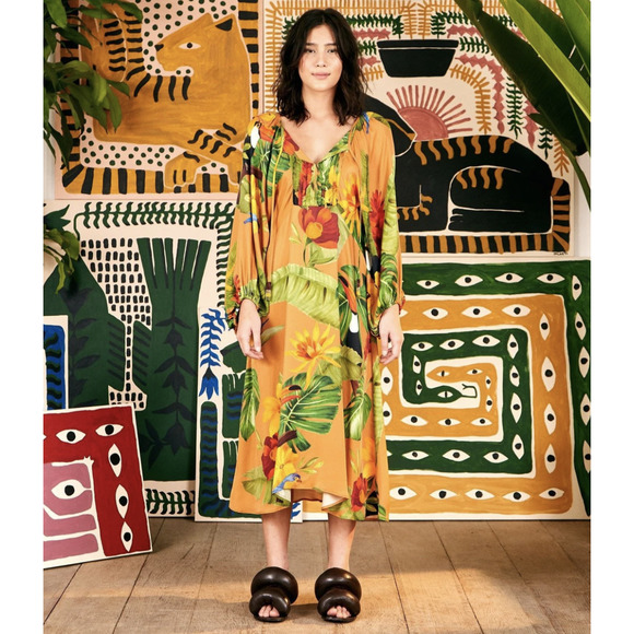 Farm Rio Dresses & Skirts - Farm Rio Tropical Desire Midi Dress Sz L Toucan Bird Leaf Print Resort Balloon
